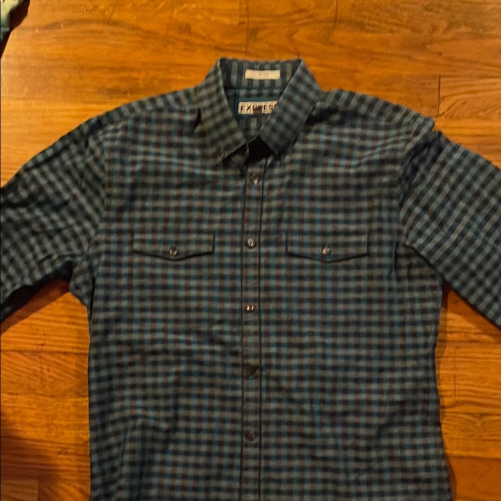 Express Blue and Black Casual Button Down Shirt
